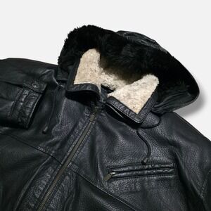 Toskana Club Black Leather Pilot Bomber Jacket‎ Mens Medium HEAVY Hooded Coat